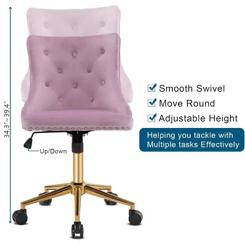 VINGLI Chaise de bureau sans accoudoirs avec base/roues dorées, chaise de coiffeuse/maquillage avec dossier pour chambre à coucher, chaise à roulettes pivotante pour salon de manucure