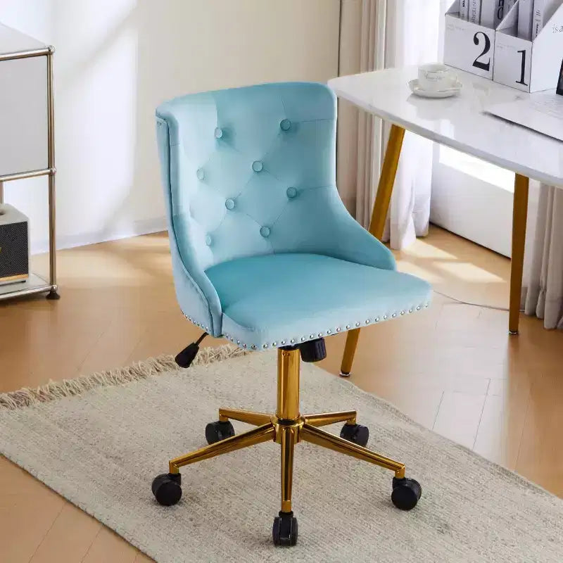 VINGLI Chaise de bureau sans accoudoirs avec base/roues dorées, chaise de coiffeuse/maquillage avec dossier pour chambre à coucher, chaise à roulettes pivotante pour salon de manucure