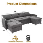 Canapé-lit modulaire sectionnel 4 places Dyonery avec lit gigogne, canapé sectionnel en forme de U en chenille avec ports USB/dossier réglable, assemblage sans outils