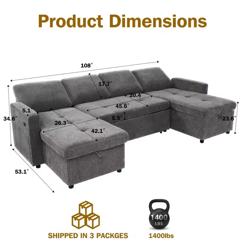 Canapé-lit modulaire sectionnel 4 places Dyonery avec lit gigogne, canapé sectionnel en forme de U en chenille avec ports USB/dossier réglable, assemblage sans outils