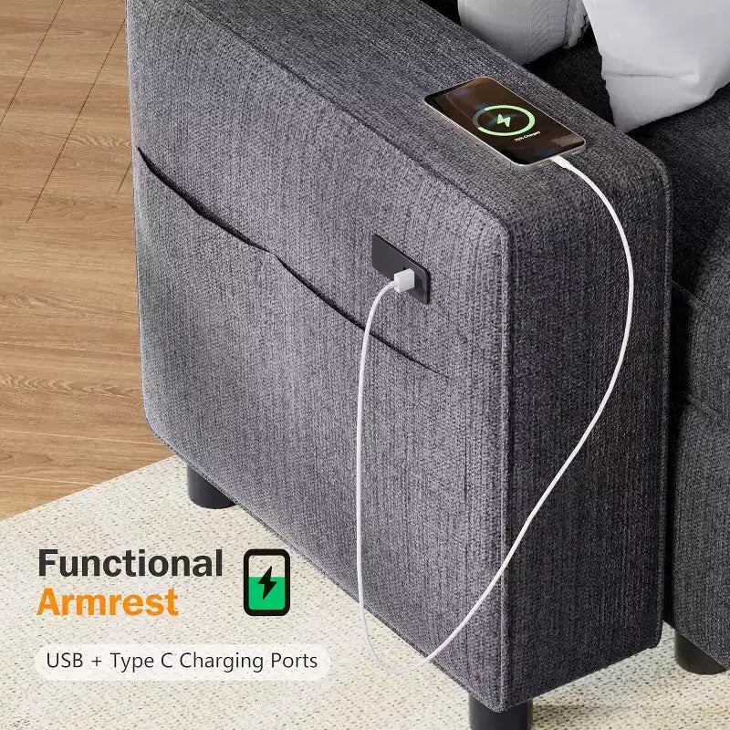 Canapé-lit modulaire sectionnel 4 places Dyonery avec lit gigogne, canapé sectionnel en forme de U en chenille avec ports USB/dossier réglable, assemblage sans outils
