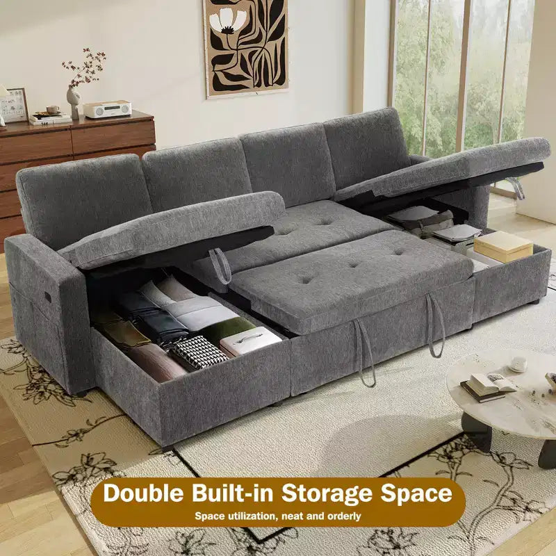 Canapé-lit modulaire sectionnel 4 places Dyonery avec lit gigogne, canapé sectionnel en forme de U en chenille avec ports USB/dossier réglable, assemblage sans outils