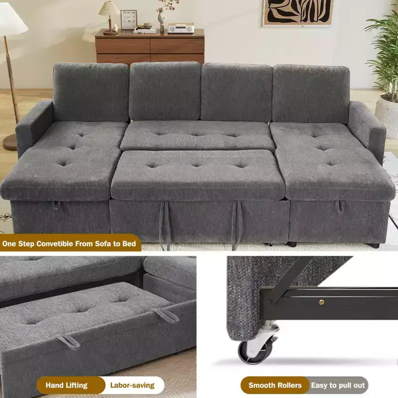 Canapé-lit modulaire sectionnel 4 places Dyonery avec lit gigogne, canapé sectionnel en forme de U en chenille avec ports USB/dossier réglable, assemblage sans outils