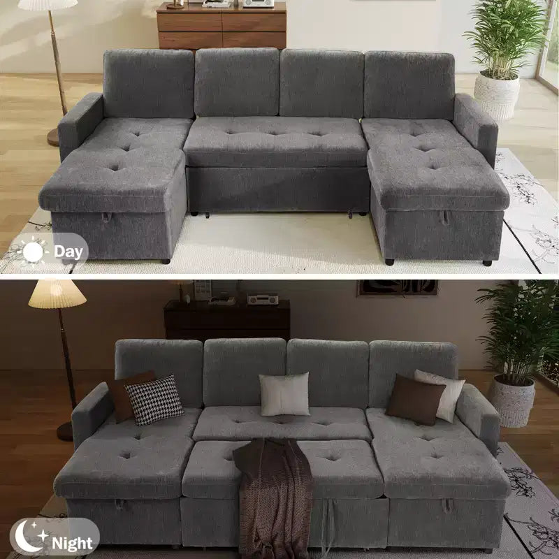 Canapé-lit modulaire sectionnel 4 places Dyonery avec lit gigogne, canapé sectionnel en forme de U en chenille avec ports USB/dossier réglable, assemblage sans outils