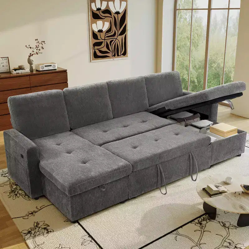 Canapé-lit modulaire sectionnel 4 places Dyonery avec lit gigogne, canapé sectionnel en forme de U en chenille avec ports USB/dossier réglable, assemblage sans outils