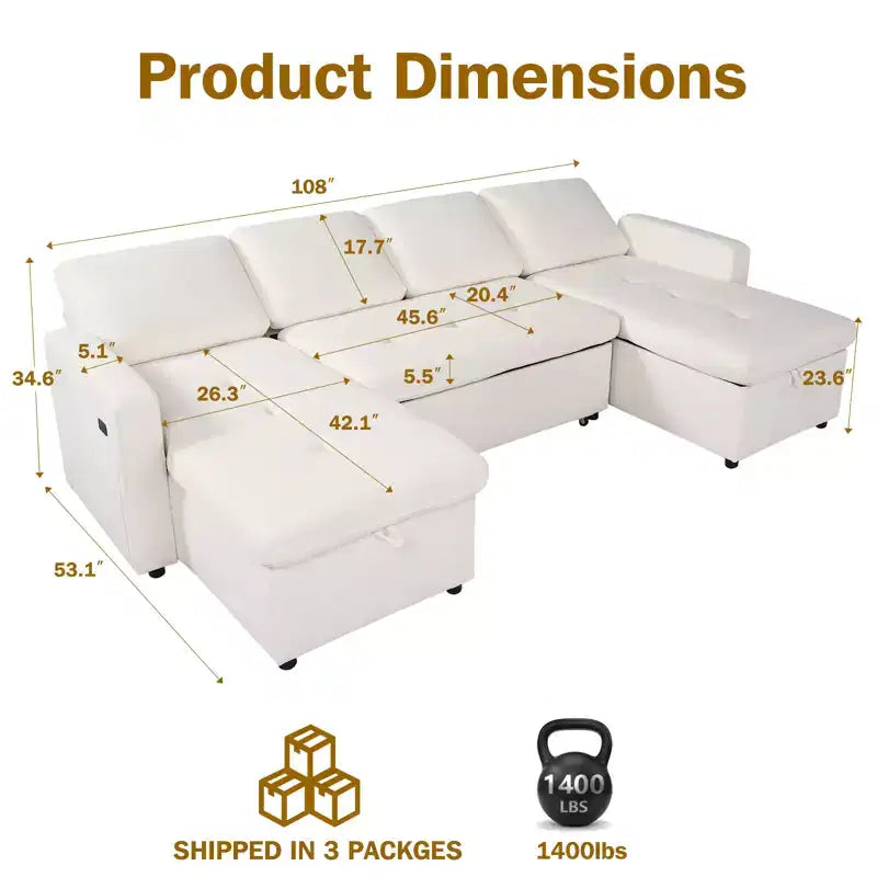 Canapé-lit modulaire sectionnel 4 places Dyonery avec lit gigogne, canapé sectionnel en forme de U en chenille avec ports USB/dossier réglable, assemblage sans outils
