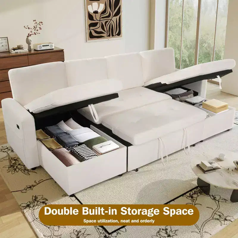 Canapé-lit modulaire sectionnel 4 places Dyonery avec lit gigogne, canapé sectionnel en forme de U en chenille avec ports USB/dossier réglable, assemblage sans outils