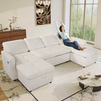 Dyonery 4-Seat Modular Sectional Sleeper Sofa with Pull Out Bed,Chenille U Shaped Sectional Sofa with USB Ports/Adjustable Backrest,Tool-Free Assembly