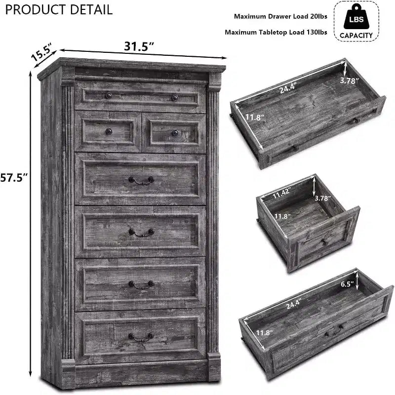 Mastgoal 57 Commode de Ferme avec 7 Tiroirs, Meuble de Rangement Rustique en Bois avec Colonne Romaine pour Chambre à Coucher