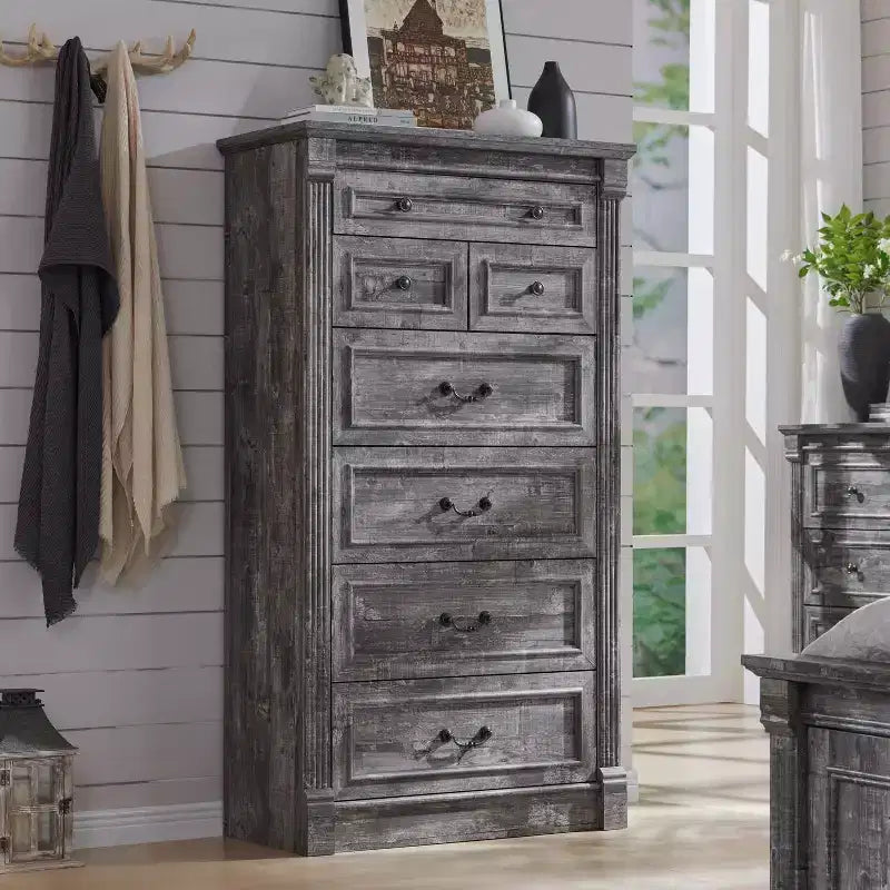 Mastgoal 57 Commode de Ferme avec 7 Tiroirs, Meuble de Rangement Rustique en Bois avec Colonne Romaine pour Chambre à Coucher