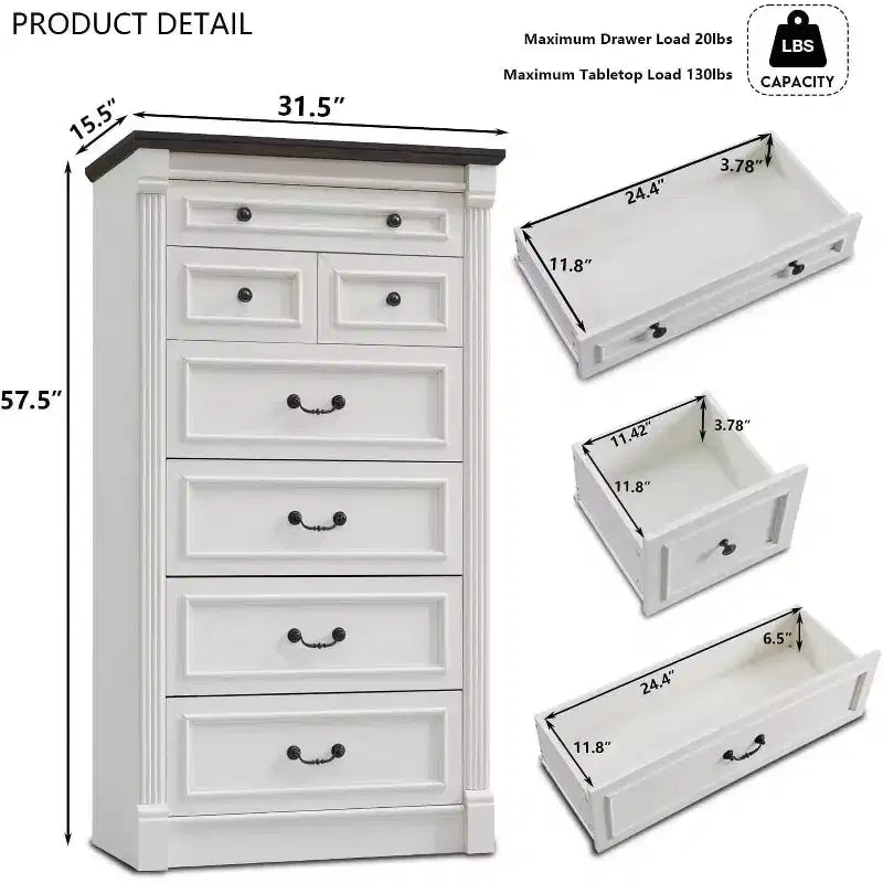 Mastgoal 57 Commode de Ferme avec 7 Tiroirs, Meuble de Rangement Rustique en Bois avec Colonne Romaine pour Chambre à Coucher