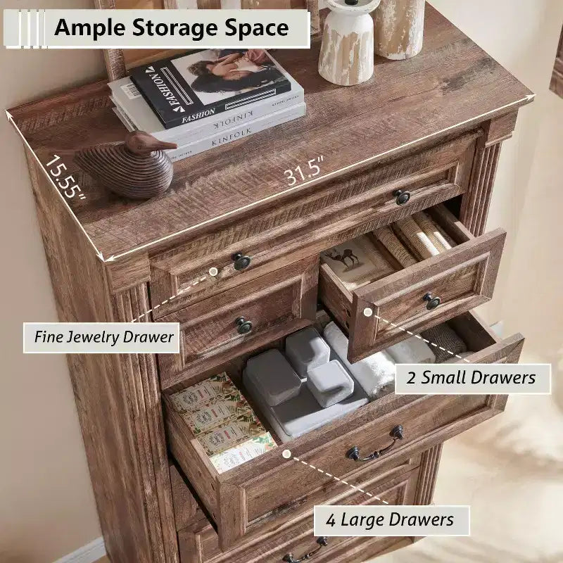 Mastgoal 57 Commode de Ferme avec 7 Tiroirs, Meuble de Rangement Rustique en Bois avec Colonne Romaine pour Chambre à Coucher
