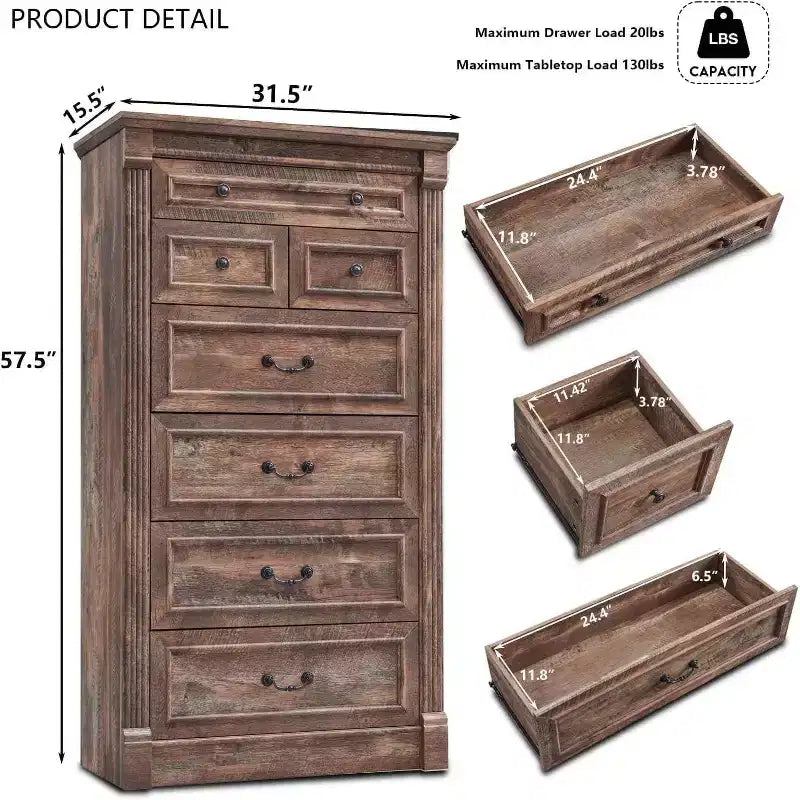 Mastgoal 57 Commode de Ferme avec 7 Tiroirs, Meuble de Rangement Rustique en Bois avec Colonne Romaine pour Chambre à Coucher