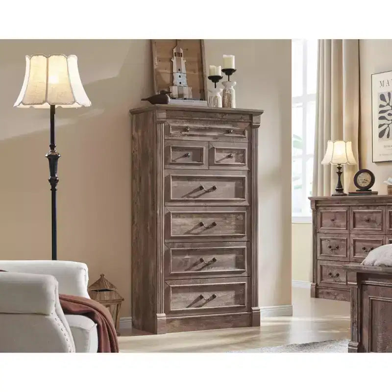 Mastgoal 57 Commode de Ferme avec 7 Tiroirs, Meuble de Rangement Rustique en Bois avec Colonne Romaine pour Chambre à Coucher