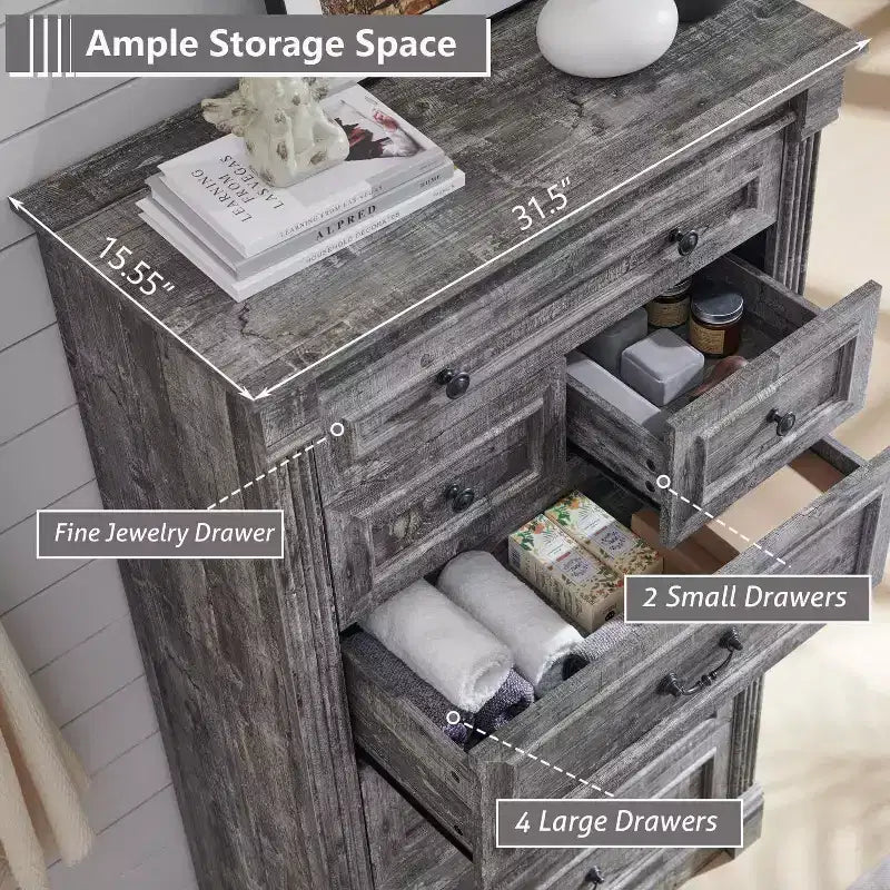 Mastgoal 57 Commode de Ferme avec 7 Tiroirs, Meuble de Rangement Rustique en Bois avec Colonne Romaine pour Chambre à Coucher