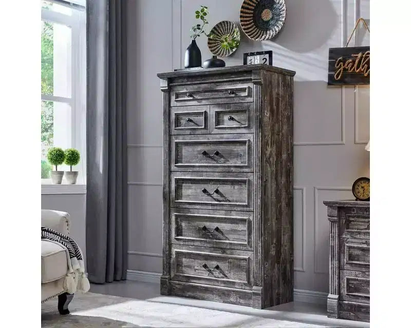 Mastgoal 57 Commode de Ferme avec 7 Tiroirs, Meuble de Rangement Rustique en Bois avec Colonne Romaine pour Chambre à Coucher