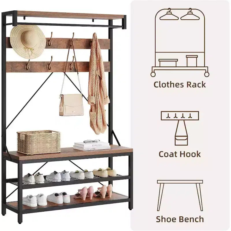 Porte-manteau avec range-chaussures et banc, Meuble d'entrée avec banc de rangement et 8 crochets, Grand porte-manteau avec banc à chaussures pour couloir, salon, chambre à coucher