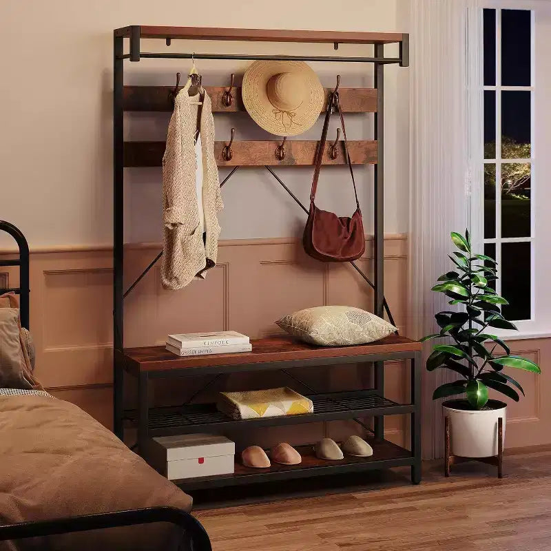 Porte-manteau avec range-chaussures et banc, Meuble d'entrée avec banc de rangement et 8 crochets, Grand porte-manteau avec banc à chaussures pour couloir, salon, chambre à coucher