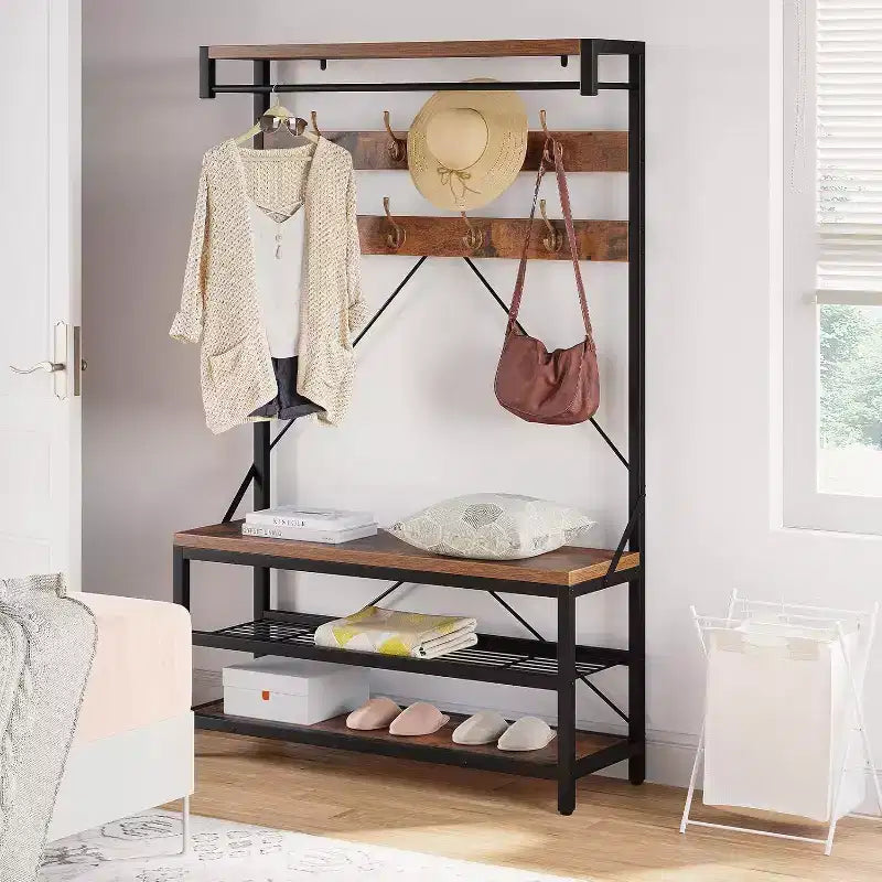 Porte-manteau avec range-chaussures et banc, Meuble d'entrée avec banc de rangement et 8 crochets, Grand porte-manteau avec banc à chaussures pour couloir, salon, chambre à coucher