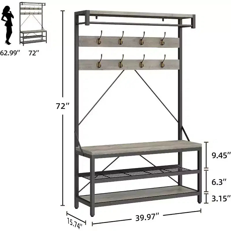 Porte-manteau avec range-chaussures et banc, Meuble d'entrée avec banc de rangement et 8 crochets, Grand porte-manteau avec banc à chaussures pour couloir, salon, chambre à coucher