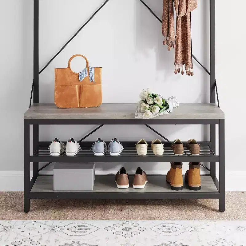 Porte-manteau avec range-chaussures et banc, Meuble d'entrée avec banc de rangement et 8 crochets, Grand porte-manteau avec banc à chaussures pour couloir, salon, chambre à coucher