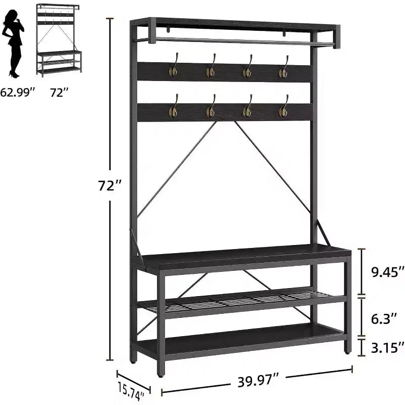 Porte-manteau avec range-chaussures et banc, Meuble d'entrée avec banc de rangement et 8 crochets, Grand porte-manteau avec banc à chaussures pour couloir, salon, chambre à coucher