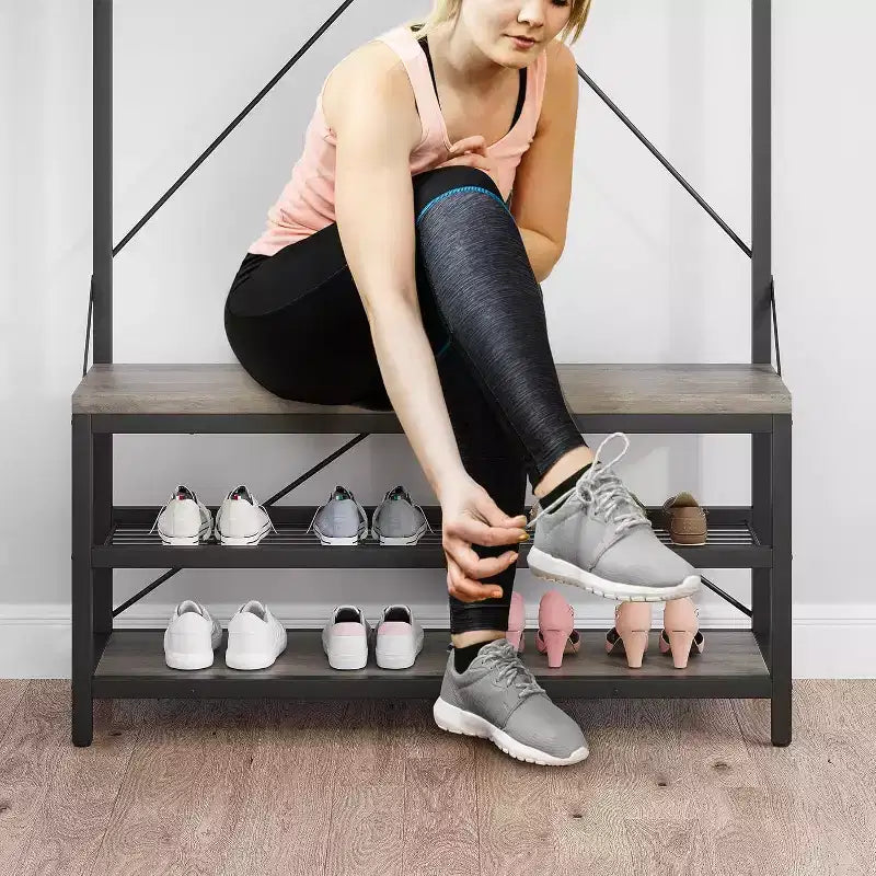 Porte-manteau avec range-chaussures et banc, Meuble d'entrée avec banc de rangement et 8 crochets, Grand porte-manteau avec banc à chaussures pour couloir, salon, chambre à coucher