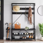 Porte-manteau avec range-chaussures et banc, Meuble d'entrée avec banc de rangement et 8 crochets, Grand porte-manteau avec banc à chaussures pour couloir, salon, chambre à coucher