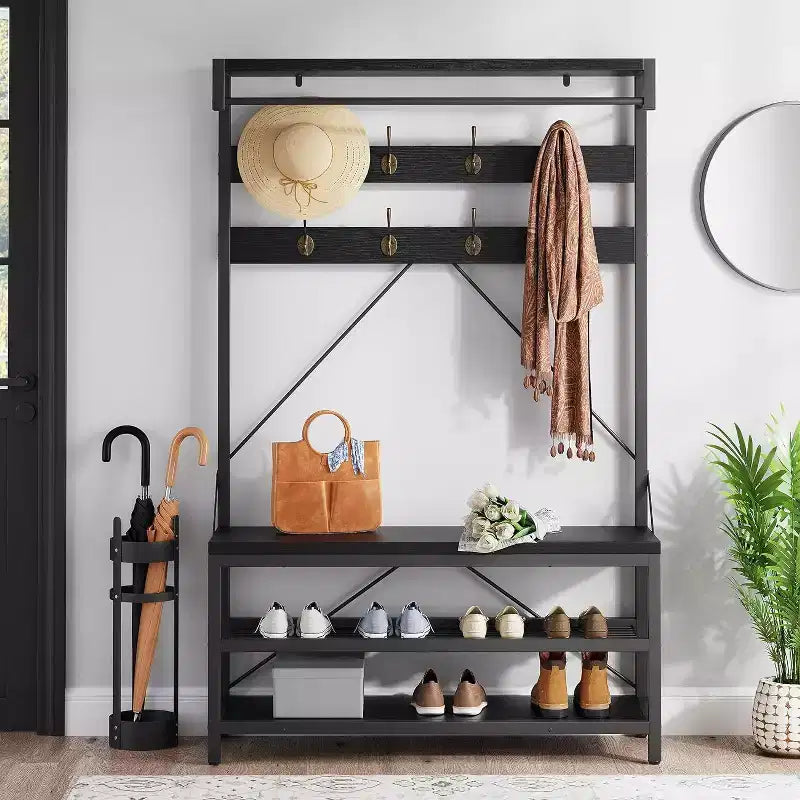 Porte-manteau avec range-chaussures et banc, Meuble d'entrée avec banc de rangement et 8 crochets, Grand porte-manteau avec banc à chaussures pour couloir, salon, chambre à coucher