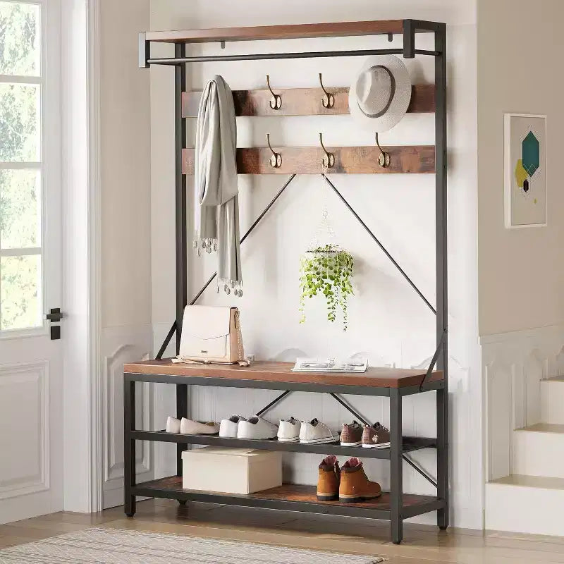 Porte-manteau avec range-chaussures et banc, Meuble d'entrée avec banc de rangement et 8 crochets, Grand porte-manteau avec banc à chaussures pour couloir, salon, chambre à coucher
