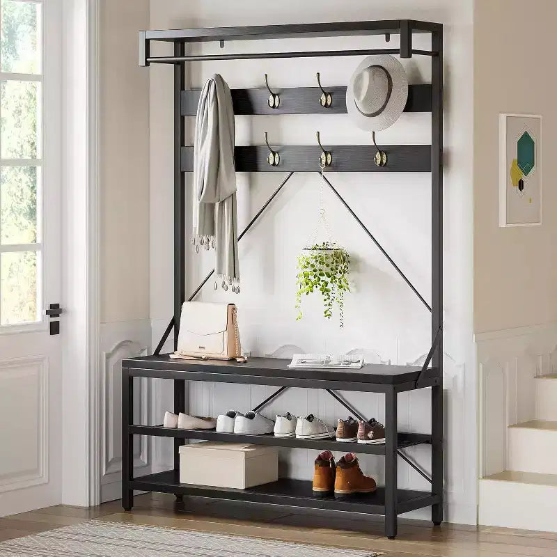 Coat Rack with Shoe Rack & Bench, Hall Tree Storage Bench with 8 Hooks, Large Coat Rack with Shoe Bench for Hallway, Living Room, Bedroom