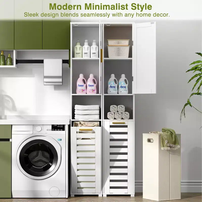 Meuble de salle de bain haut VECELO avec miroir et porte, meuble à linge inclinable avec panier à linge amovible, blanc