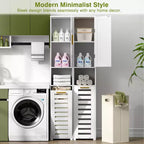 Meuble de salle de bain haut VECELO avec miroir et porte, meuble à linge inclinable avec panier à linge amovible, blanc