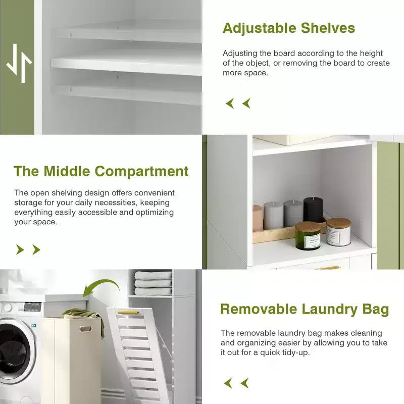 Meuble de salle de bain haut VECELO avec miroir et porte, meuble à linge inclinable avec panier à linge amovible, blanc