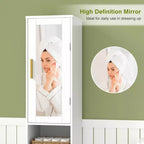 Meuble de salle de bain haut VECELO avec miroir et porte, meuble à linge inclinable avec panier à linge amovible, blanc