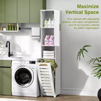 Meuble de salle de bain haut VECELO avec miroir et porte, meuble à linge inclinable avec panier à linge amovible, blanc