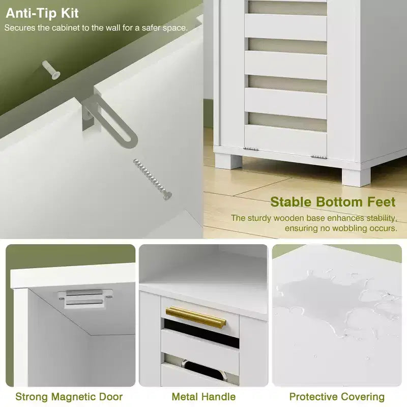Meuble de salle de bain haut VECELO avec miroir et porte, meuble à linge inclinable avec panier à linge amovible, blanc