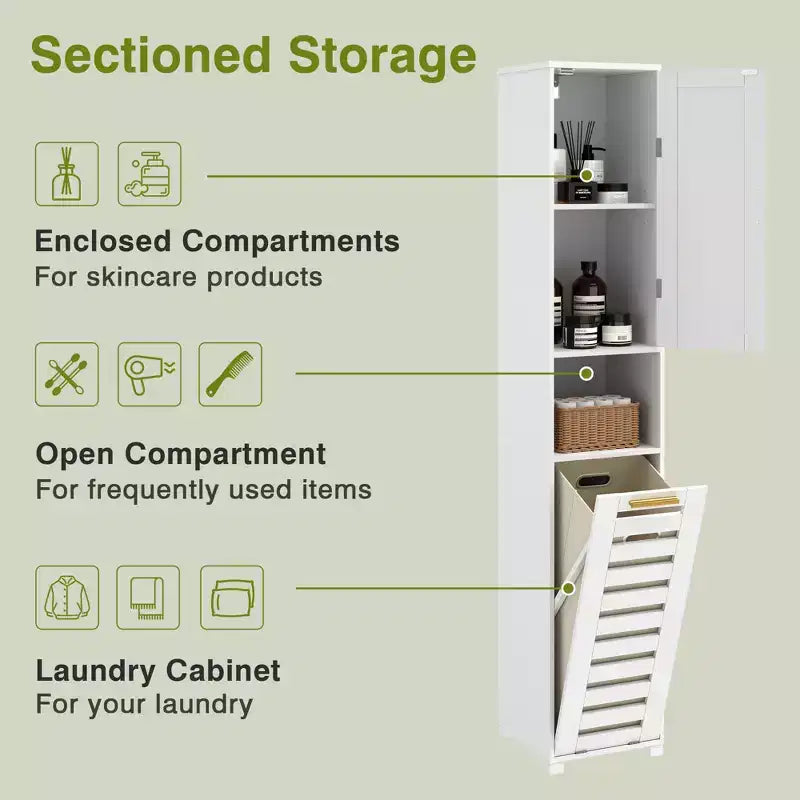Meuble de salle de bain haut VECELO avec miroir et porte, meuble à linge inclinable avec panier à linge amovible, blanc