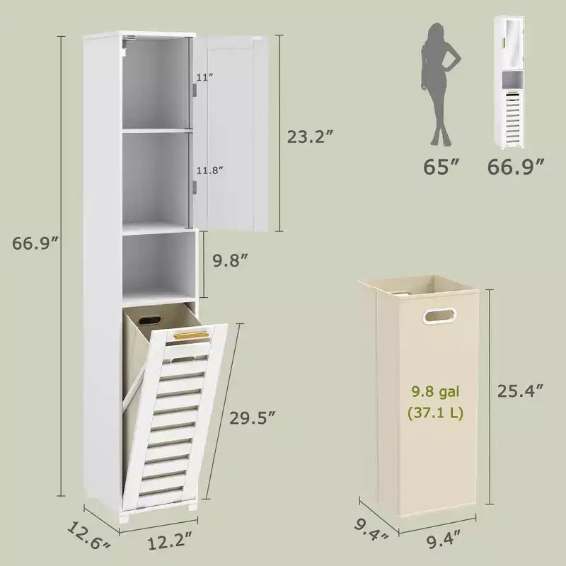 Meuble de salle de bain haut VECELO avec miroir et porte, meuble à linge inclinable avec panier à linge amovible, blanc