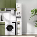 Meuble de salle de bain haut VECELO avec miroir et porte, meuble à linge inclinable avec panier à linge amovible, blanc