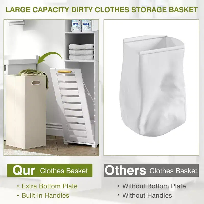 Meuble de salle de bain haut VECELO avec miroir et porte, meuble à linge inclinable avec panier à linge amovible, blanc