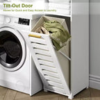 Meuble de salle de bain haut VECELO avec miroir et porte, meuble à linge inclinable avec panier à linge amovible, blanc