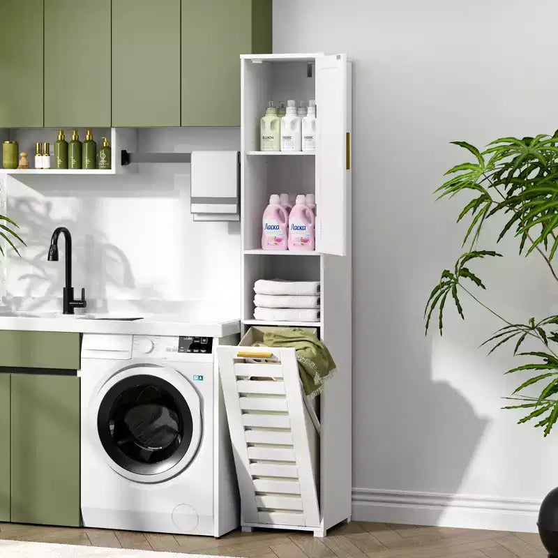 Meuble de salle de bain haut VECELO avec miroir et porte, meuble à linge inclinable avec panier à linge amovible, blanc