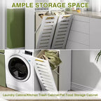 Meuble de salle de bain haut VECELO avec miroir et porte, meuble à linge inclinable avec panier à linge amovible, blanc