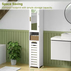 Meuble de salle de bain haut VECELO avec miroir et porte, meuble à linge inclinable avec panier à linge amovible, blanc
