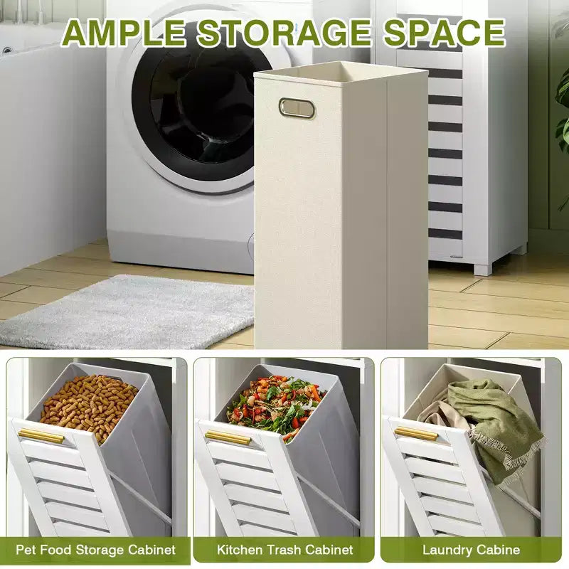 Meuble de salle de bain haut VECELO avec miroir et porte, meuble à linge inclinable avec panier à linge amovible, blanc