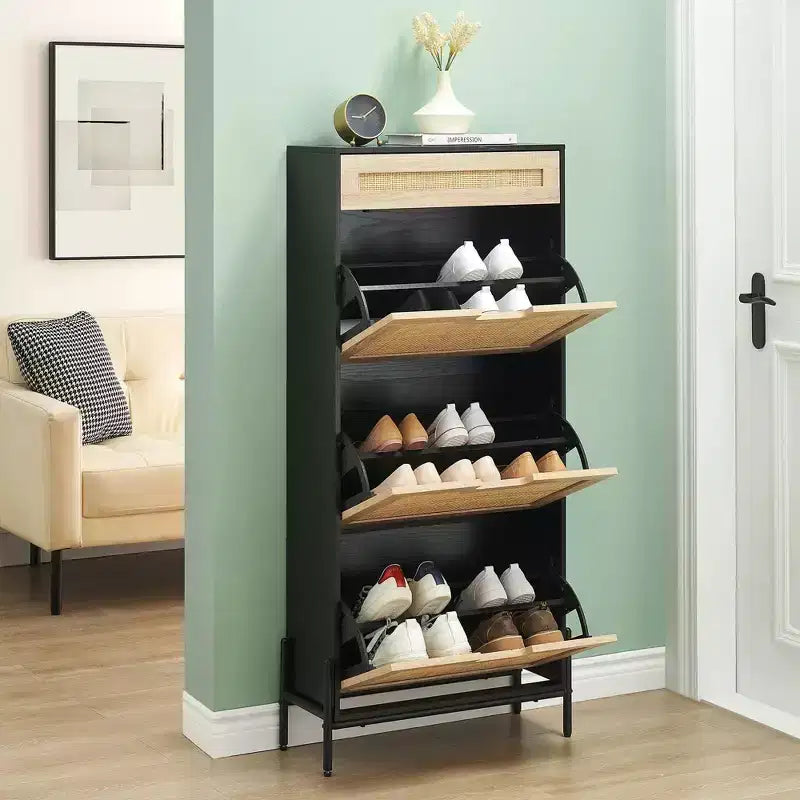 3 Flip Drawers Shoe Storage Cabinet with 1 Drawer, Hidden Rattan Shoe Organizer with Metal Legs