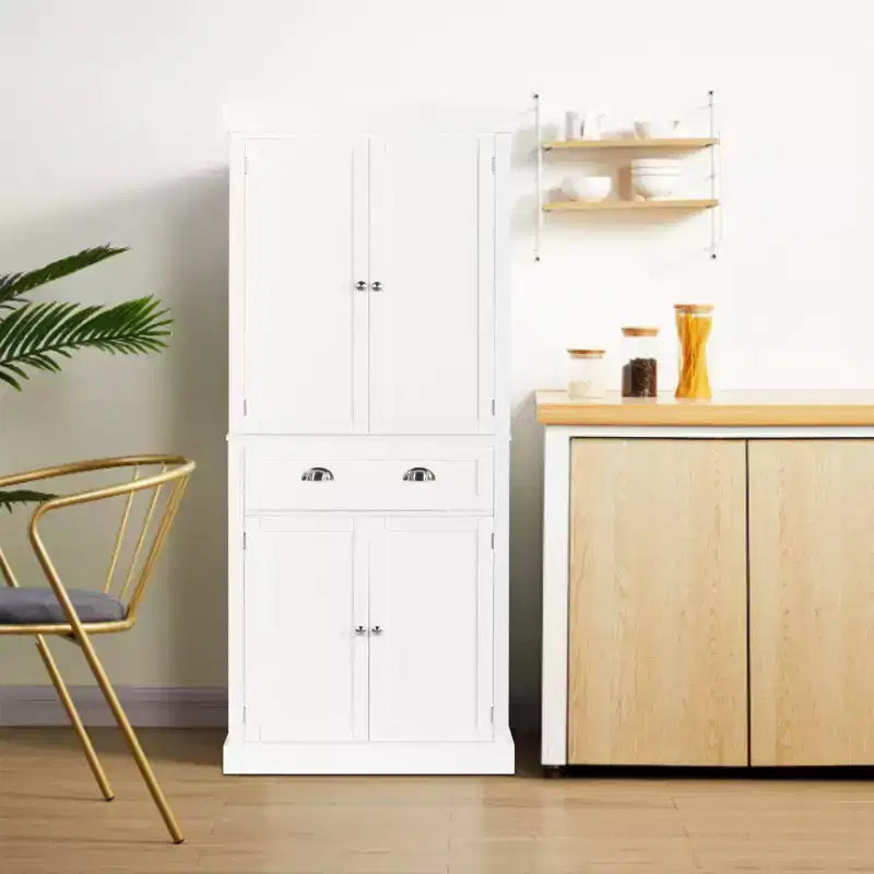 VINGLI Meubles de Rangement Blancs de 72 Pouces avec Tiroirs, Armoires de Garde-Manger Autoportantes avec Portes et Étagères Réglables, Armoire de Rangement de Cuisine Style Ferme