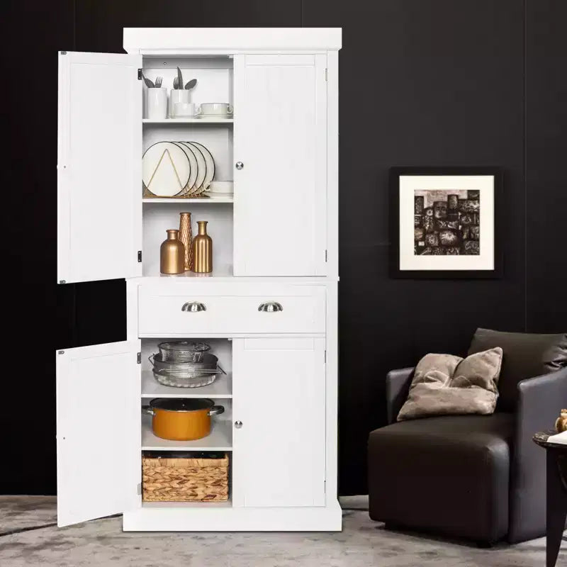 VINGLI Meubles de Rangement Blancs de 72 Pouces avec Tiroirs, Armoires de Garde-Manger Autoportantes avec Portes et Étagères Réglables, Armoire de Rangement de Cuisine Style Ferme