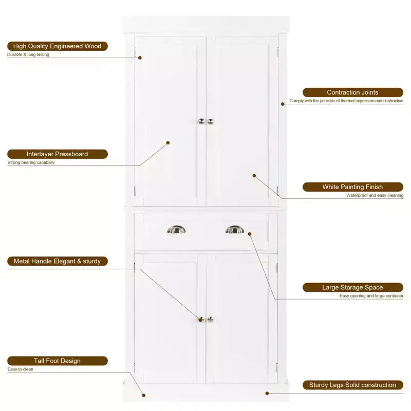 VINGLI Meubles de Rangement Blancs de 72 Pouces avec Tiroirs, Armoires de Garde-Manger Autoportantes avec Portes et Étagères Réglables, Armoire de Rangement de Cuisine Style Ferme